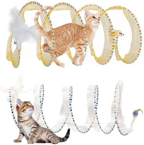 Spiral Tunnel Cat Toy 2 Pcs, 25.59 Inches Unfolded with Cat Wand Self Play Collapsible, Hunting Spiral Tunnel with Feather Mouse Toys and Bell for Indoor Kitten Play Chase Exercise