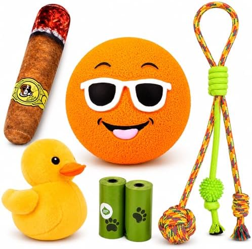 Dog Toys for Small Dogs, 5 Pack Fun Interactive Dog Toy Set with Squeaky Sun Ball, Plush Duck, Funny Plush Cigar, Rope Tug Toy and Waste Bags, Indoor Play Toys for Small Breeds(Orange)