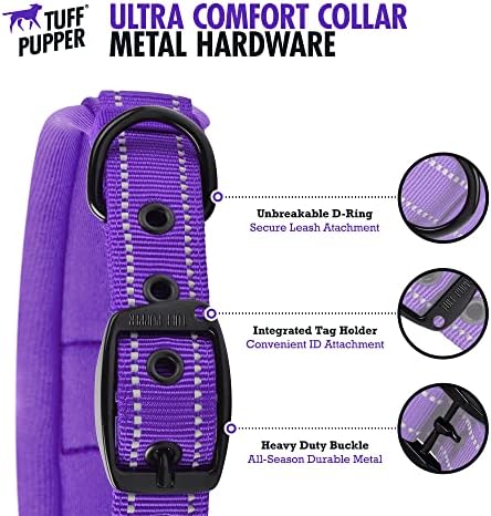 Tuff Pupper Ultra Comfort Padded Dog Collar | Thick Neoprene Padding | Ballistic Nylon Strap Dog Collar with Reflective Stitching | Durable Metal Buckle & Integrated ID Tag Holder | Waterproof Collars