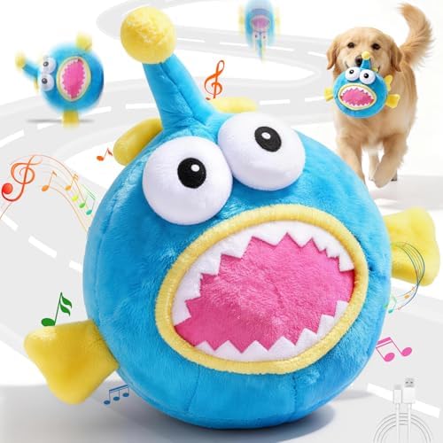 UPGRADED Interactive Moving Dog Toy, Bouncing Dog Toy with Rouncing Ball, Squeaky Plush Electronic Dog Toy for Small Medium Large Dogs, Vibrating Music Recording Mode to Keep Them Busy (Lanternfish)