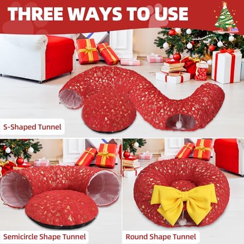 Homimp Christmas Cat Tunnel for Indoor with Bowtie, Cat Christmas Tree Large Tube Playground with Washable Circle Cushion and Plush Ball Toy, Round Pet Peekaboo Cave Toy for Kitten/Puppy/Rabbit,Red