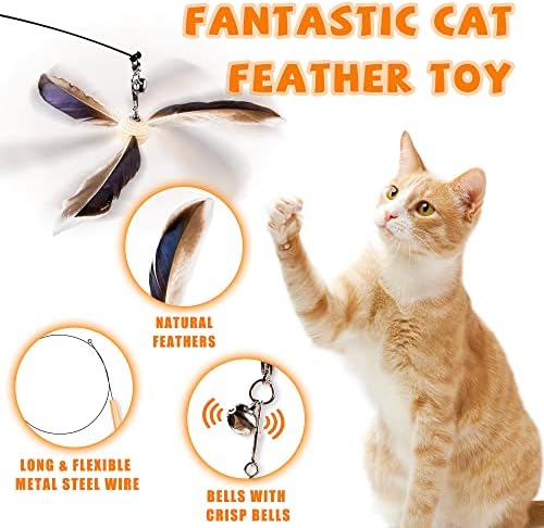 JXFUKAL Cat Wand Toys, Interactive Cat Toys with 3 Feather Refills, 29'' Flexible Steel Wire, Sturdy Wood Handle & Bell for Kitty Kitten, Cat Toys for Indoor Cats Teaser Cat String Toy