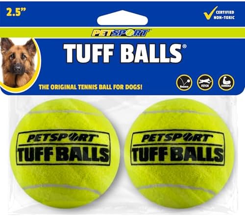 PetSport Tuff Ball - Medium Tennis Balls for Dogs, Great for Boredom & Aggressive Chewers, Dog Toy, Medium Tennis Balls for All Dogs, Certified Non-Toxic, Won't Wear Down Teeth - 2.5"(2 Pack)