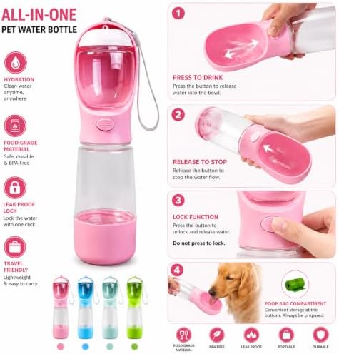 Portable Pet Water Bottle with Food Compartment & Poop Bag Dispenser