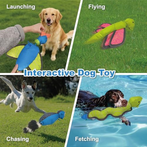 14.96 Inch Blue Raccoon Slingshot Flying Dog Toy, Oxford Squeaky Chew Toy for Fetch Training, Interactive Durable Toy for Medium Large Dogs