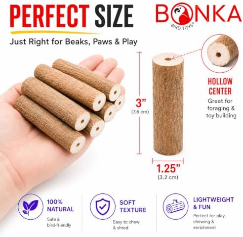 Bonka Bird Toys 1211 Pk6 Natural Bark Sola Sticks, 6-Pack, 3" Long, 1.25" Diameter, Soft Chew and Foraging Toy for Birds, Parrots, Parakeets, Cockatiels, Lightweight, Natural, Safe, Eco-Friendly