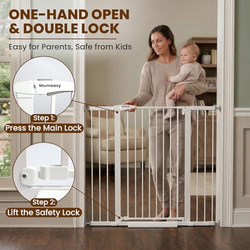 Mumeasy 36" Extra Tall Baby Gate for Stairs, 29.7-48" Wide Dog Gate for Doorways, Walk Thru Pet Safety Gate for Indoor, Pressure Mounted with Auto Close, Easy Install No Drill for Toddlers, White