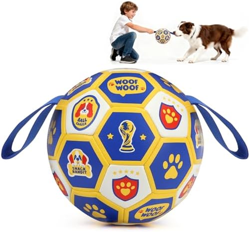 Vivifying Dog World Cup Soccer Ball Toy, 7 Inch Floatable Interactive Dog Toy for Medium Large Dogs, Durable PU Enrichment Ball with Nylon Straps for Outdoor Fetch, Training & Playing