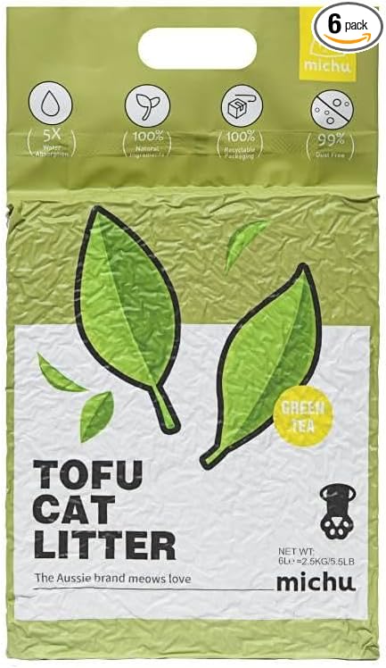 Michu Tofu Cat Litter Natural Clumping Tofu Cat Litter, Fast Clumping and Easily Scoop-able 5.5lb/88oz 5 Scents - Greentea, 6 Pack