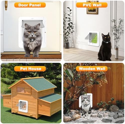 Smart Cat Door for Interior & Exterior, Cat Pet Door with 3 Collar Sensor Keys & 1 Remote Control & 4 Way Locking Cat Flap with RFID Collar Activated Opening SmartPetDoor(White)
