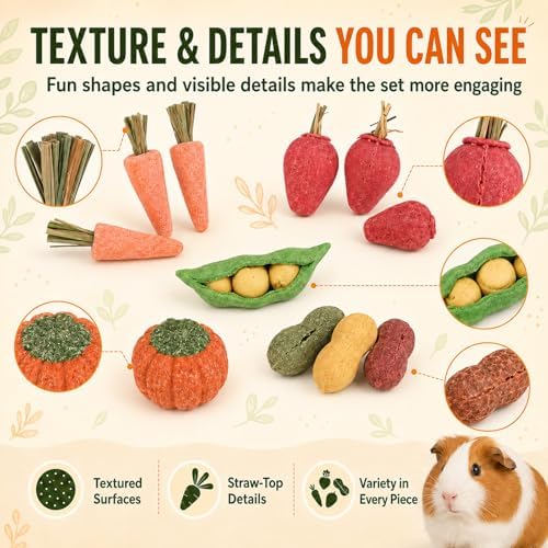 HERCOCCI 15Pcs Guinea Pig Chew Toys, Hamster Toys Prevent Excessive Teeth Growth Natural Vegetables Carrot & Timothy Grass for Guinea Pig Rabbit Chinchillas Gerbil