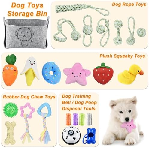 LECHONG 24 Pack Puppy Chew Toys, Dog Teething Toys with Storage Bin, Dog Rope Toys and Squeaky Toys for Boredom, Interactive Dog Toys for Small & Medium Breeds