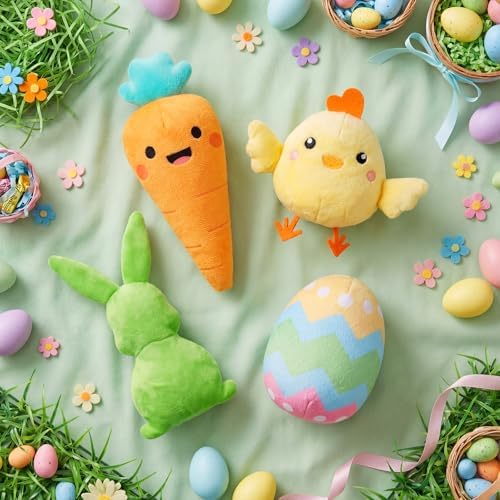 Civaner 12 Pcs Squeaky Dog Toys Bulk, Cute Plush Bunny Carrot Egg Chicken Stuffed Puppy Toys for Small Medium Dogs, Interactive Soft Chew Playthings for Birthday Party Favors & Training