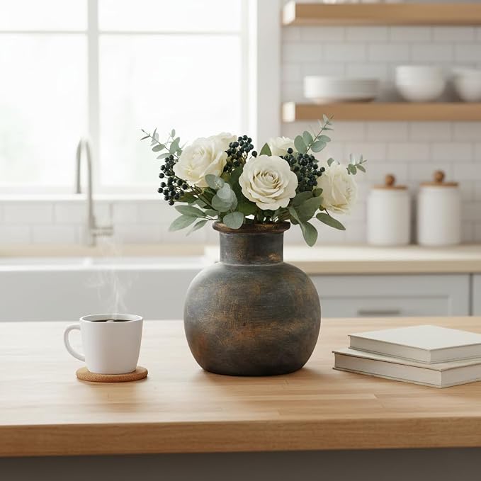 SIDUCAL Ceramic Rustic Farmhouse Vase | 6 Inch Pottery Decorative Flower | Boho | Terracotta Vase for Home Decor Table, Living Room, Bathroom Decoration, Shelf Decor, Mantel, Bronze