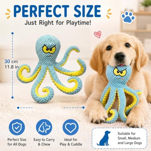 MAXBECK Interactive Octopus Dog Toy, Plush Dog Toy with Crinkle Paper & Squeaker, Tug of War Dog Toy for Small Medium Large Dogs, Soft Dog Chew Toy for Indoor Play, Puppy Training (H-Octopus-Green)