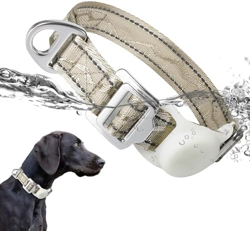 AirTag Dog Collar, Reflective Nylon, Metal Buckle, IP68, Dog Collar with AirTag Holder, Heavy Duty Dog Collars for Large Medium Small Dogs (Champagne Gold, M：Width 1",Neck 13.4"-18.9")