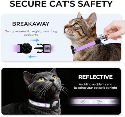 Breakaway AirTag Cat Collar, Reflective Cat Tracker Collar with Bell | Built in AirTag Holder, Adjustable 8.5-12in for Cats, Kittens and Puppies, Safety Elastic Band, Reflective for Night Walking