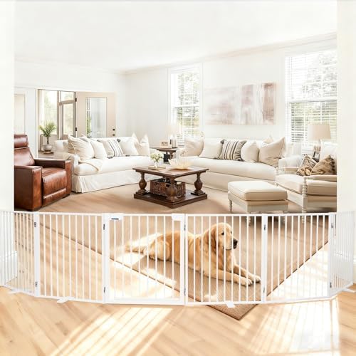 156" Extra Wide Dog Gate, Heavy Duty Metal Freestanding Dog Gate with Door for Indoor & Outdoor, Foldable Pet Fence for Doorways,House,Porch,Deck,Yard,Stairs, Auto Close(6 Panels,White)