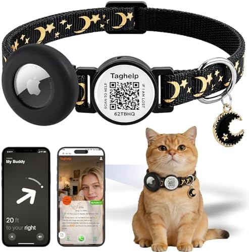Stars and Moon AirTag Cat Collar with AirTag Holder,Air Tag Cat Collar for Apple. Solid & Safe, Pet Collar, Breakaway Cat Collar, Scan QR for Instant Location Alerts.NO APP(Black)