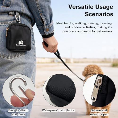 Waterproof Dog Treat Pouch with Built-in Poop Bag Dispenser, Large Capacity Dog Training Bag with Adjustable Shoulder Strap (Black)