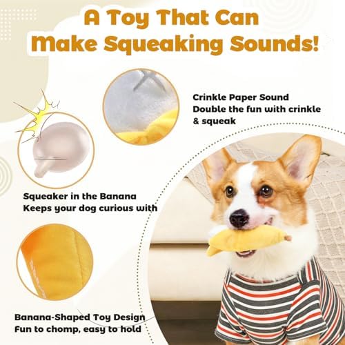Banana Treat-Dispensing Plush Toy for Small Dogs & Puppies: Hide and Seek Squeaker, Crinkle Sounds, Chew for Teething and Aggressive Chewers