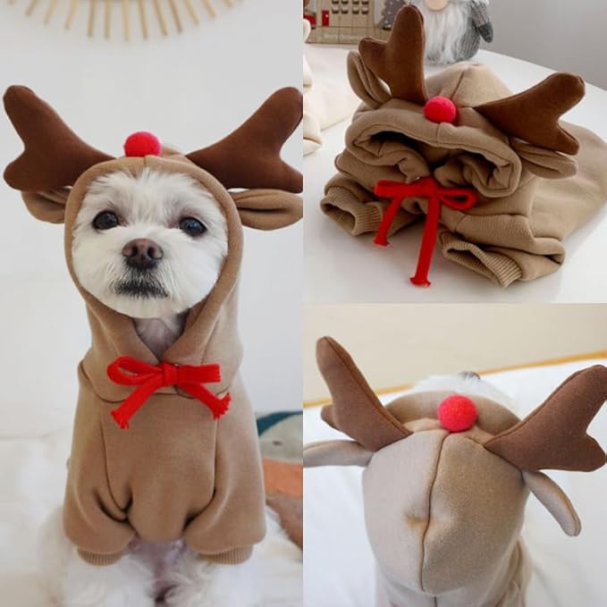 Warm Dog Winter Clothes Cute Dog Coat Hoodie, Coffee, M | Reindeer Design Fleece Pet Dog Costume Jacket for French Bulldog Chihuahua Pug Boston Terrier Ropa Para Perro