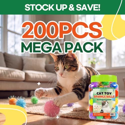 T TORTO9 200Pcs Sparkle Tinsel Cat Toy Balls in Jar - 1" Colorful Pom Poms