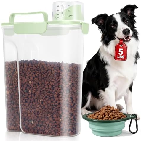TBMax Travel Dog Food Storage Container 5 lbs with Dog Bowl, Airtight Pet Cat Food Storage Dispenser with Large Spout & Measuring Cup for Kibble Dog Treat Bird Seed Container -Green