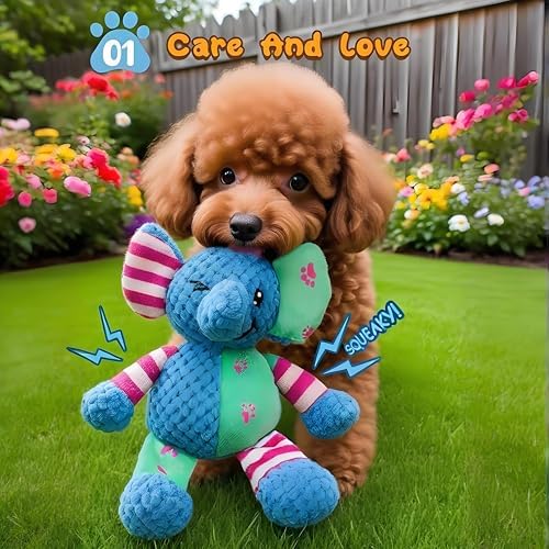 Squeaky Dog Plush Toys 2 Pack, Cute Elephant & Rabbit Stuffed Puppy Chew Toy with Crinkle Paper, Durable Textured Soft Dog Toys for Small Medium, Interactive Teething Pet Toys