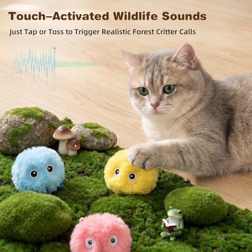 3 Pack Fluffy Cat Toy Ball, Interactive Chirping Plush Cat Toy with 3 Lifelike Animal Chirps & Refillable Catnip for Indoor Kitten & Small Pets