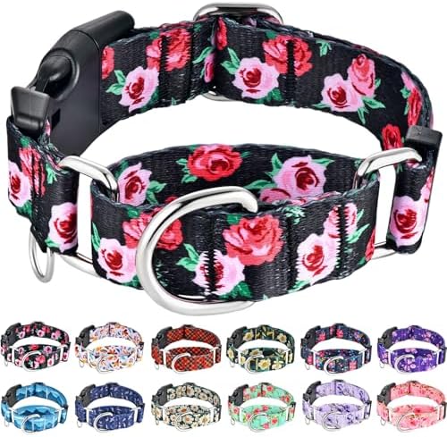 Martingale Collar for Dogs with Buckle No Pull, Black Floral, L