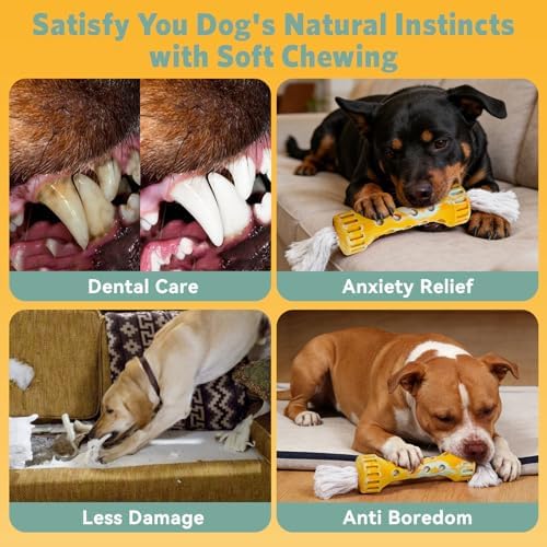 Indestructible Dog Toys for Aggressive Chewers, Rubber Rope Dog Chew Toys for Teething for Medium/Large Dogs, Interactive Dog Toys to Keep Them Busy Outdoors, Cream Flavor, Yellow/White