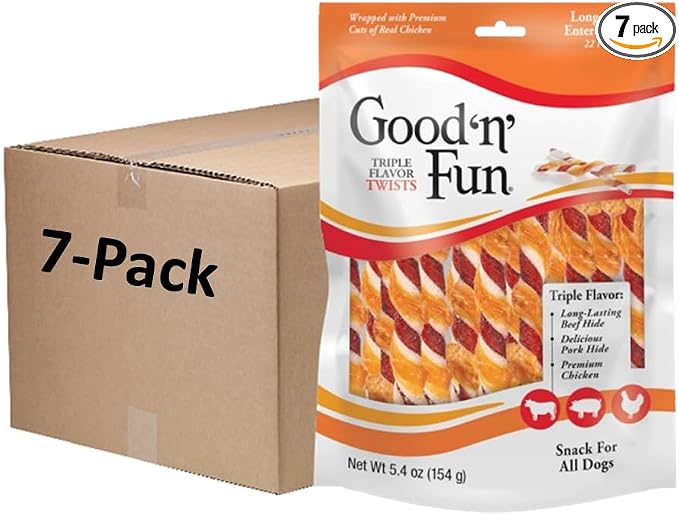 Good 'n' Fun Twists Long-Lasting Dog Treat, Real Protein, 22 Count (7 Pack) | Premium Chicken, Pork and Beef Hide Chew, Supports Dental Health and Mental Stimulation, For Adult Dogs