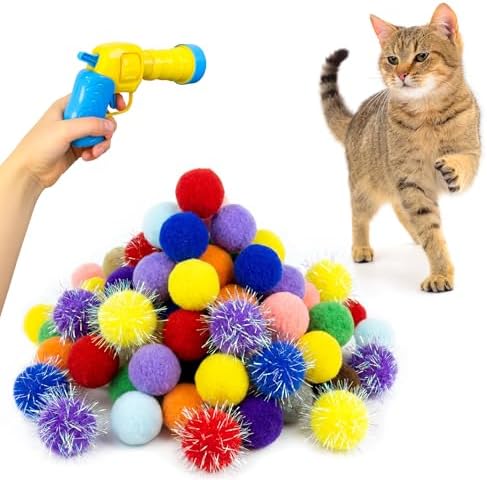 50 Count 1.2 Inches Pom Pom Balls with Cat Ball Launcher, Interactive Cat Toy for Indoor Kittens, 25 Pcs Sparkle and 25 Pcs Simple Pompoms are Included for Exercise, Training & Boredom Relief