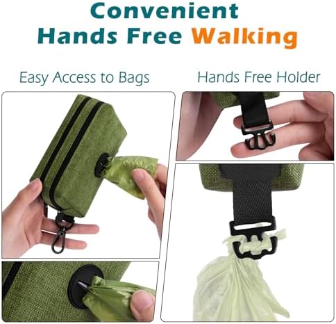 PetBonus Dog Poop Bag Holder, Portable Pet Waste Bag Dispenser, 2 Pouches for Treats and Walking Accessories, Fit All Leashes, Includes 1 Roll of Dog Poop Bags (Army Green)