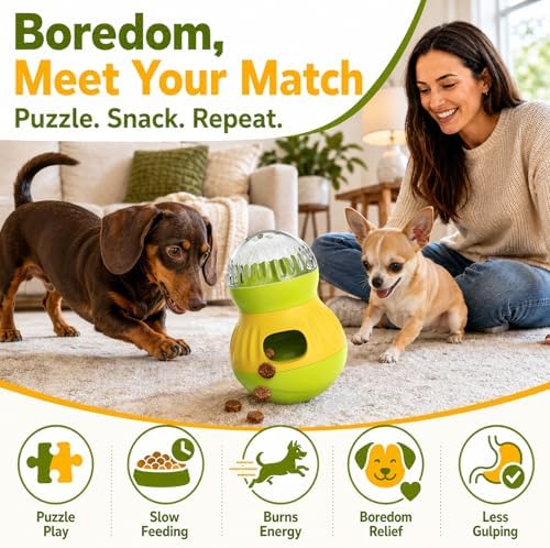 HCY&WLD Dog Interactive Puzzle Toy Adjustable Treat Dispensing Ball (Green) | Sturdy Material, Self-Righting Wobble Base, Indoor Enrichment, Slow Feeder, Smarter Play, Mental Stimulation, Boredom Buster