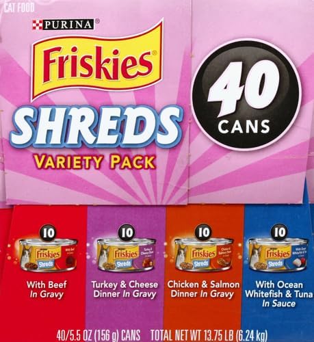 Friskies Purina Wet Cat Food Variety Pack, Shreds with Beef, Turkey & Cheese Dinner, Chicken & Salmon Dinner, and with Ocean Whitefish and Tuna - 5.5 oz. Cans (Pack of 80)