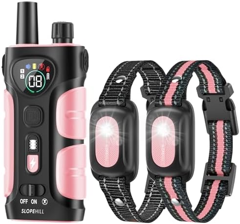 SLOPEHILL Dog Shock Collar 2 Dogs (8-140Lbs),4200FT Dog Training Collar | IP68 Waterproof e Collar with Beep,Vibration,Safe Shock,Flash Light,No Shock Model,Shock Collar for Dogs with Remote,Pink