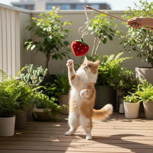 LUOZZY Interactive Strawberry Cat Wand Toy Catnip Plush Teaser Stick