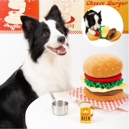 Cheeseburger Snuffle Toy, Interactive Enrichment Plush Toy with Squeaker, Treat-Hiding Pockets