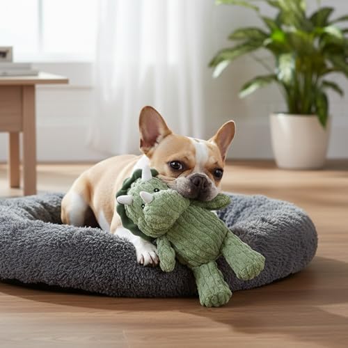 Linzy Plush Dinosaur Dog Toy, Soft Squeaky Chew Toy for Small Medium Large Dogs, Green, Interactive Pet Toy, 12 Inch