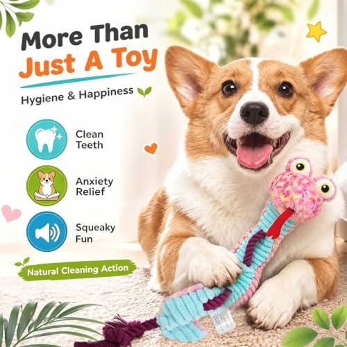 Dog Rope Toy Plush Squeaky Chew Tug of War Toy - Pink Snake