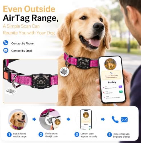 Geamen Dog Collar for Airtag Waterproof QR Code Reflective Collar HotPink,M | Built-in Waterproof Holder, QR Code Tag, Reflective,Secure Buckle