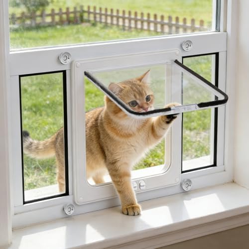 Cat Door for Window, Quick Installation Adjustable Width of 24"-28", 4 Locking Modes, Magnetic Closure Design, Weatherproof Cat Door Window Insert