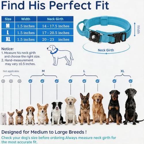 Tactical Airtag Dog Collar Waterproof - Adjustable Nylon Training Collar with Secure Airtag Holder, Control Handle & Quick-Release Buckle for Medium Large Dogs (Blue, L)