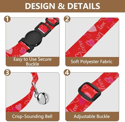 Hearts Red Lightweight Small Dog Collar, 2 Pack Cat Collar with Bell