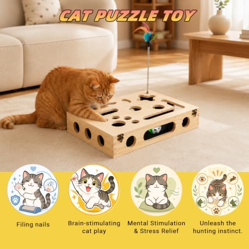 Cat Scratch Puzzle Enrichment Box, Interactive Cat Toy for 3 Balls & 2 Wand