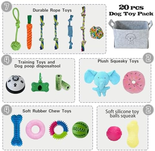 MRSOHRET 20Pcs Puppy Chew Toys for Teething, Dog Chew Toys with Rope Toys, Pet Dog Toothbrush, Treat Balls, Plush Toys and Squeaky Toy for Small Medium Dogs with Basket (20 Pack Elephant)