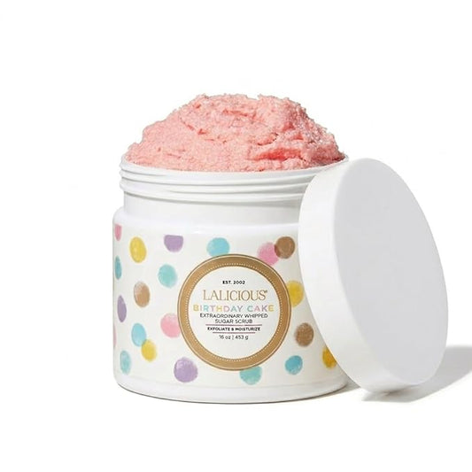 LALICIOUS Birthday Cake w Pink Shimmer - Exfoliating & Moisturizing Whipped Body Scrub | Sugar & Coconut Oil | Gently Buffs & Smooths Sensitive Skin | No Parabens | Large 16oz