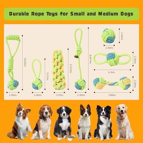 7 Pack Dog Rope Toys, Interactive Tough Chew Toys for Small and Medium Dogs, Clean Teeth and Relieve Boredom, Tug of War, Aggressive Chewers, Cotton Rope Knot Puppy Dental Toy